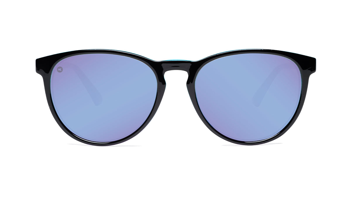 Sunglasses with Glossy Black Exterior and Ice Blue to Lavender Interior and Polarized Snow Opal Lenses. Front