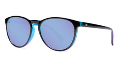 Sunglasses with Glossy Black Exterior and Ice Blue to Lavender Interior and Polarized Snow Opal Lenses. Threequarter