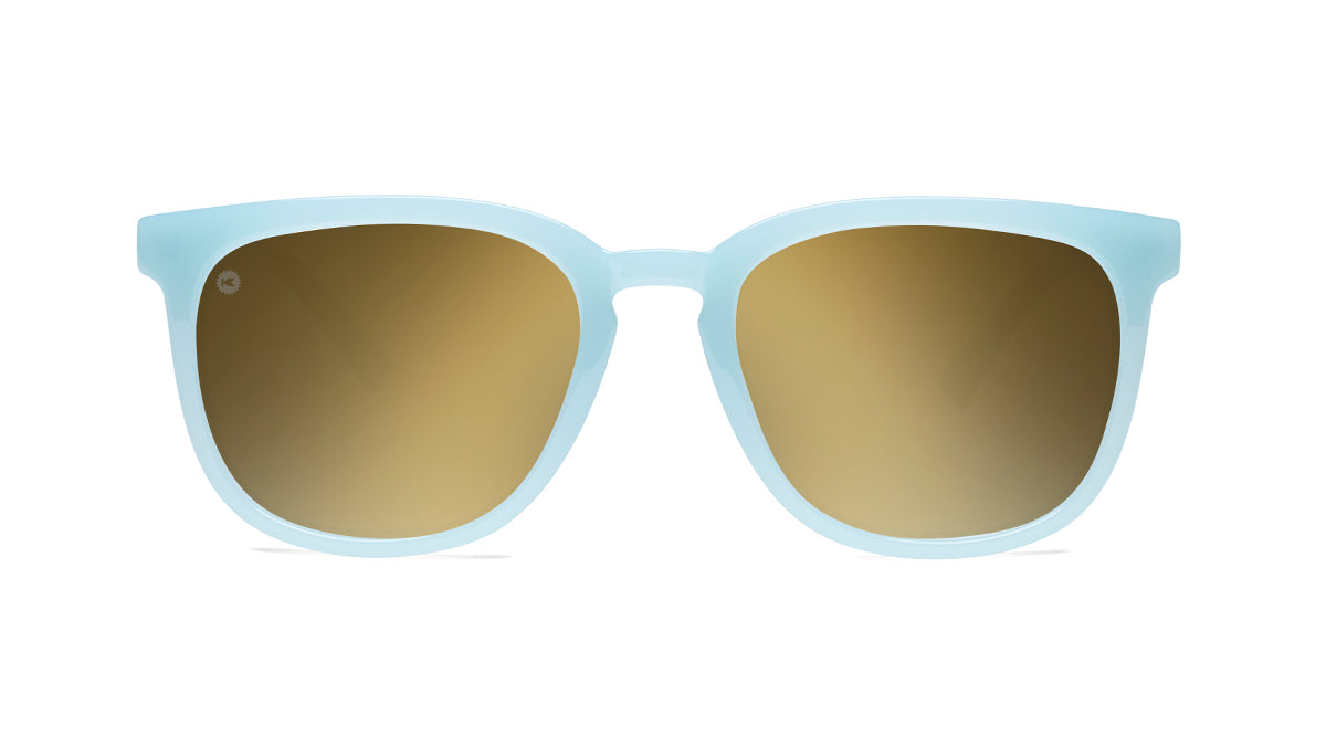 Sunglasses with Light Blue Frames and Polarized Gold Lenses, Front