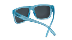 Sunglasses with blue topographic frames and polarized green lenses, back