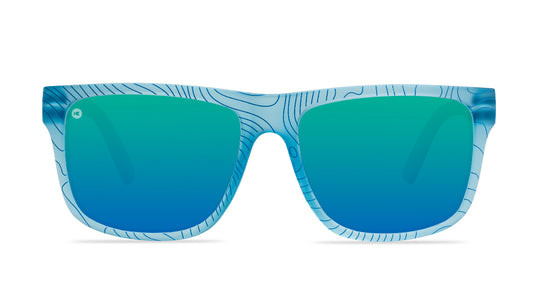Sunglasses with blue topographic frames and polarized green lenses, front