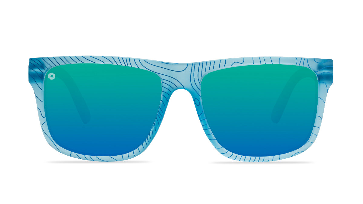 Sunglasses with blue topographic frames and polarized green lenses, front