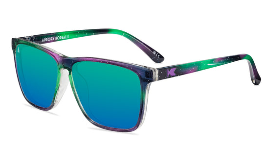 Sunglasses with Green, indigo, and violet streaks across starry sky frames  Polarized northern moonshine lenses Purple K logos