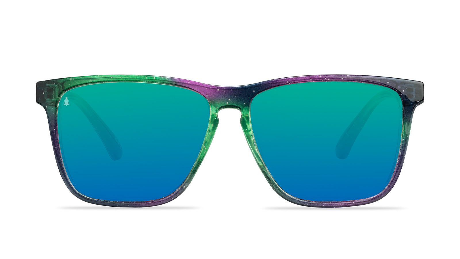 Sunglasses with Green, indigo, and violet streaks across starry sky frames  Polarized northern moonshine lenses Purple K logos