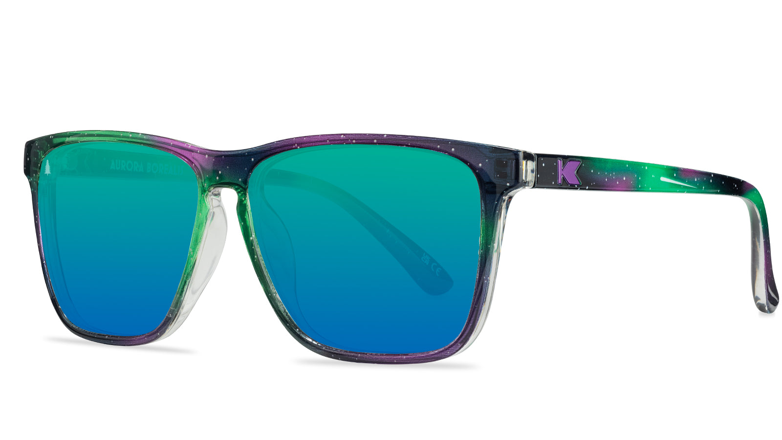 Sunglasses with Green, indigo, and violet streaks across starry sky frames  Polarized northern moonshine lenses Purple K logos