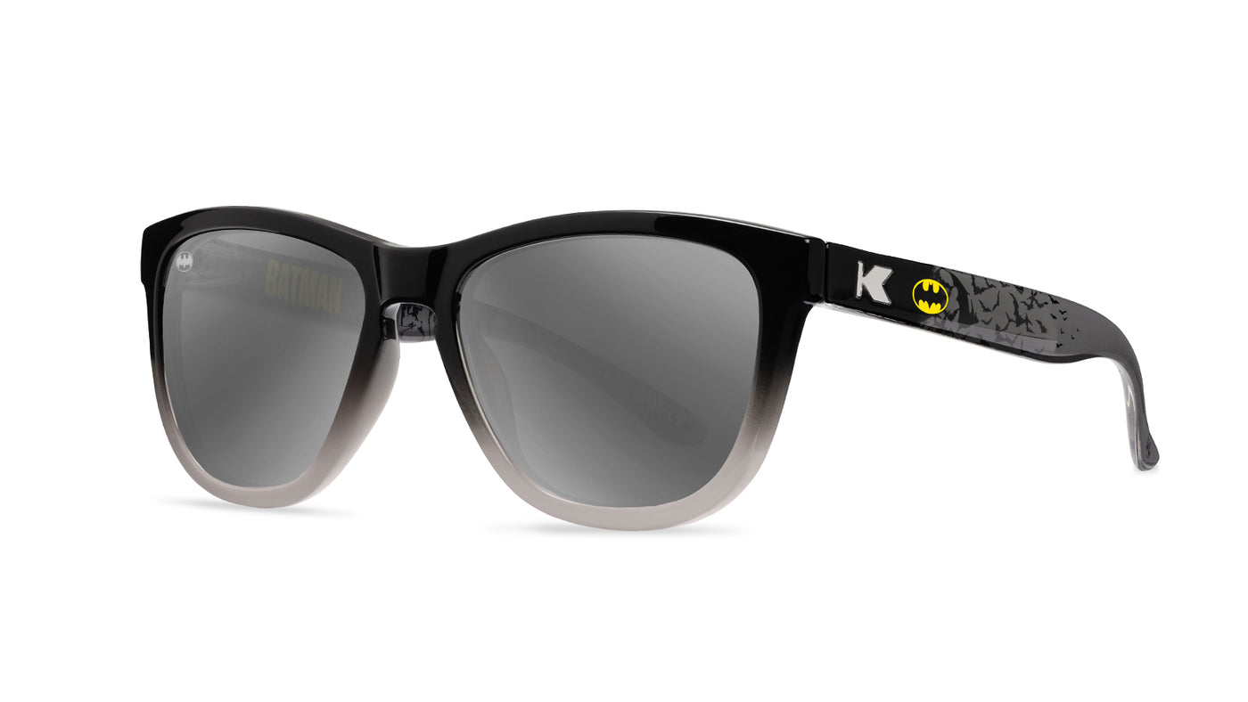 Knockaround Batman Kids Premiums Sunglasses with polarized silver lenses, threequarter