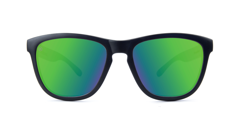 Sunglasses with Matte black frames White K logos Polarized green moonshine mirrored lenses