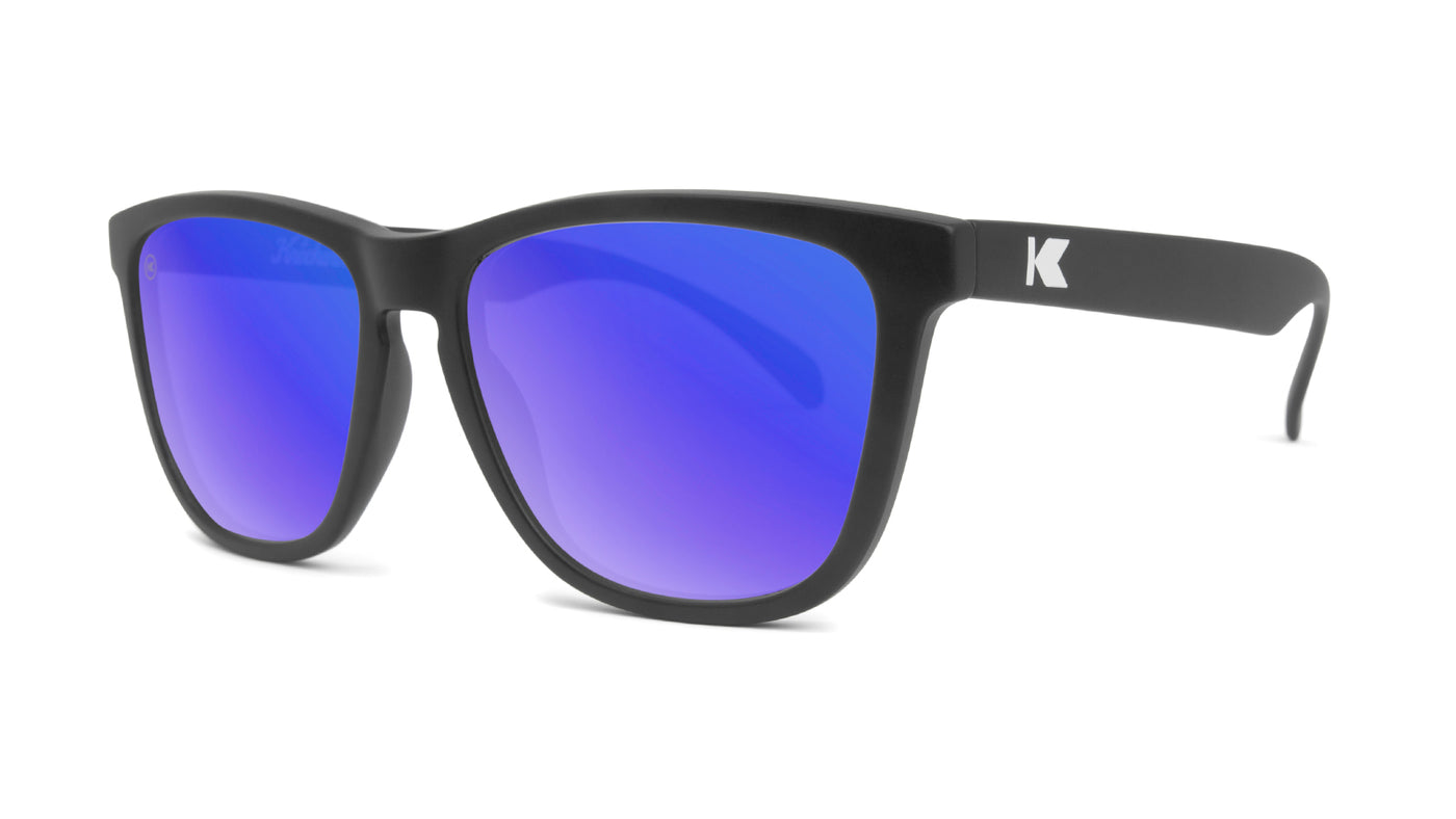 Sunglasses with Black Frame and Polarized Blue Moonshine Lenses, Threequarter