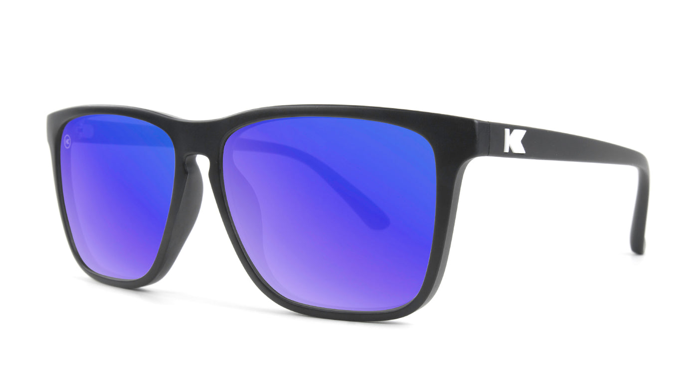 Sunglasses with Matte Black Frames and Polarized Blue Moonshine Lenses, Threequarter