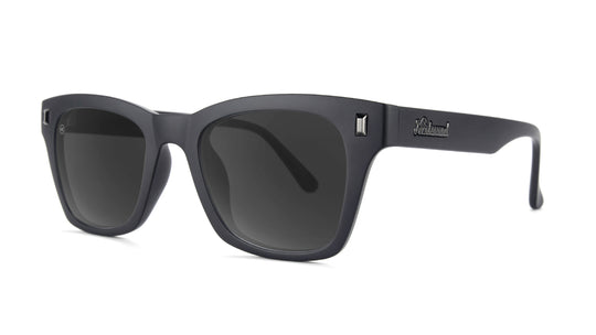 Sunglasses with Matte Black on Black Frames and Polarized Smoke Lenses, Threequarter