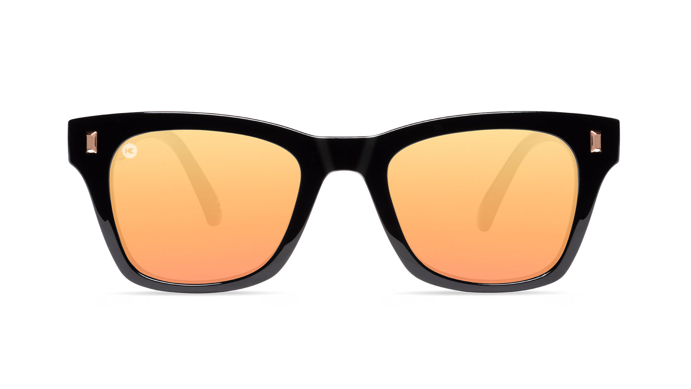 Sunglasses with Clear Black Frames and Polarized Peach Lenses, Front