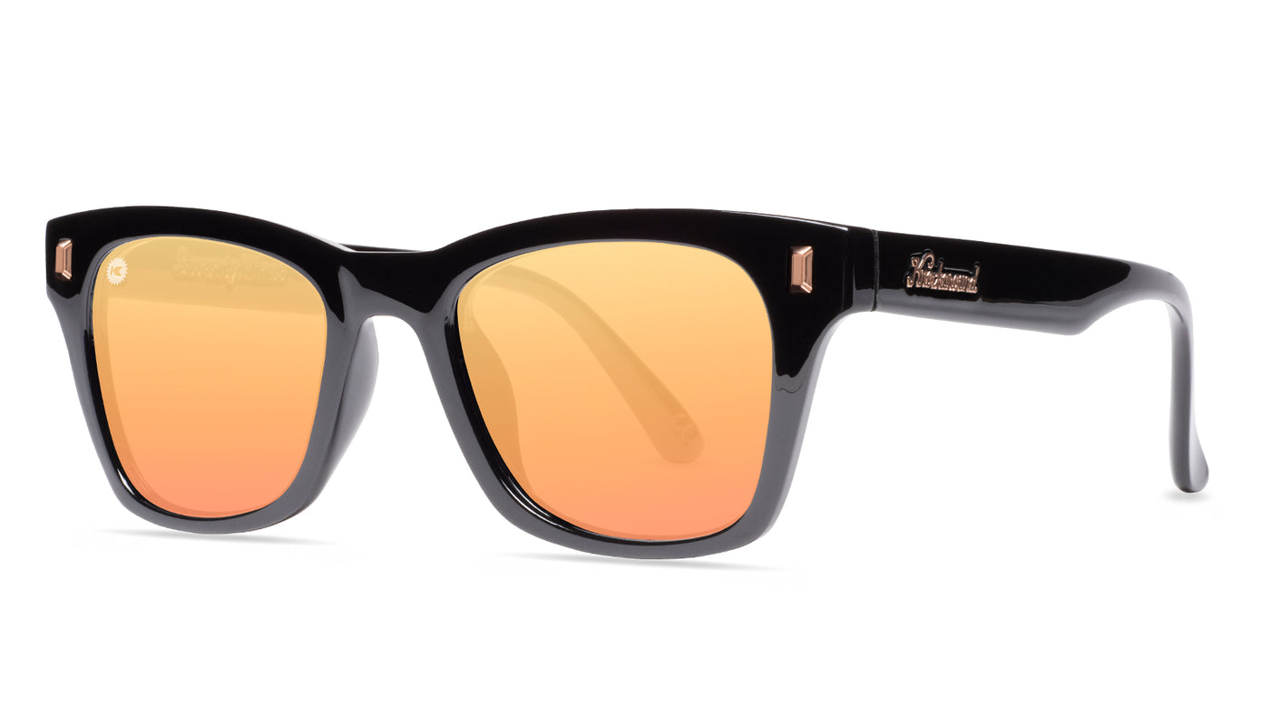 Sunglasses with Clear Black Frames and Polarized Peach Lenses, Flyover
