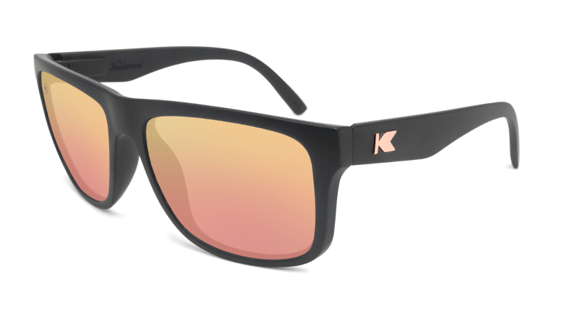 Matte black sunglasses with square mirrored rose gold lenses 