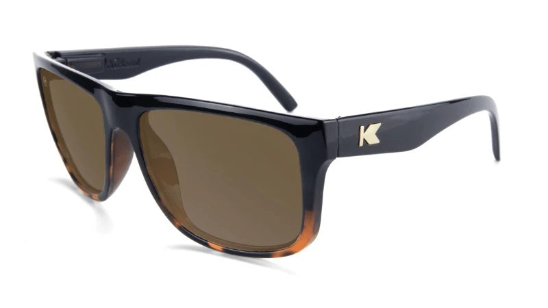 Large glossy black mens sunglasses with Tortoise shell fade and amber lenses