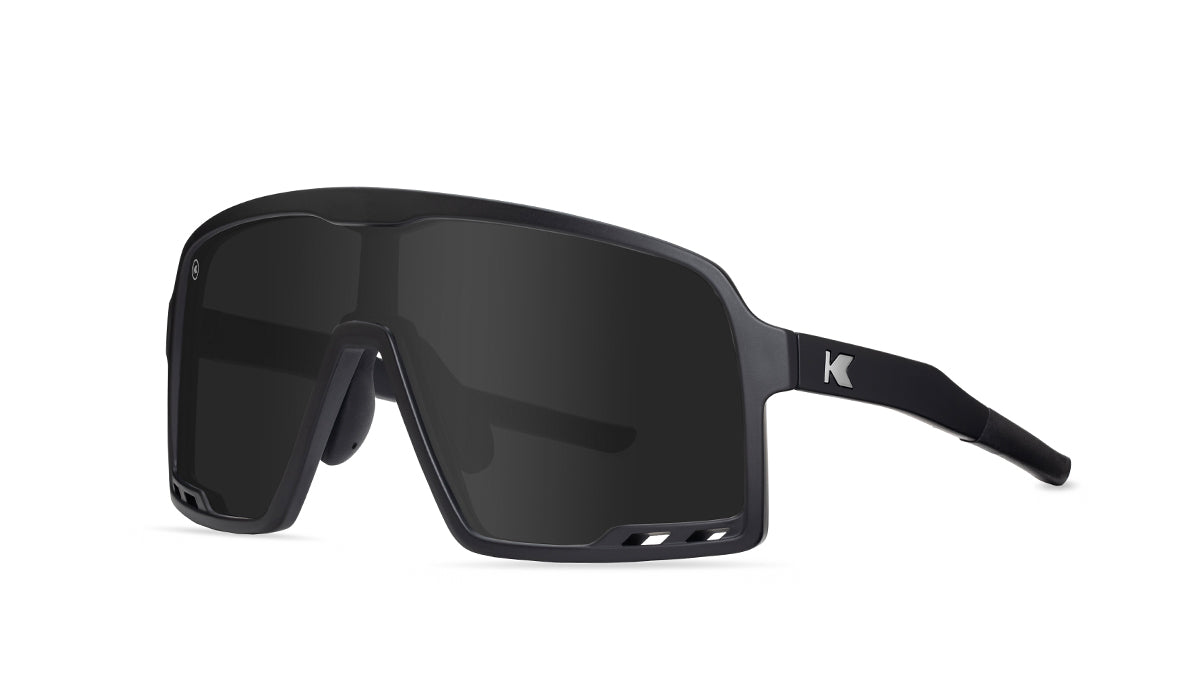Kids Sport Sunglasses with Black Frames and Black Smoke Lenses, Threequarter