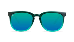 Sunglasses with green fronts, green palm tree arms, and polarized green lenses, front