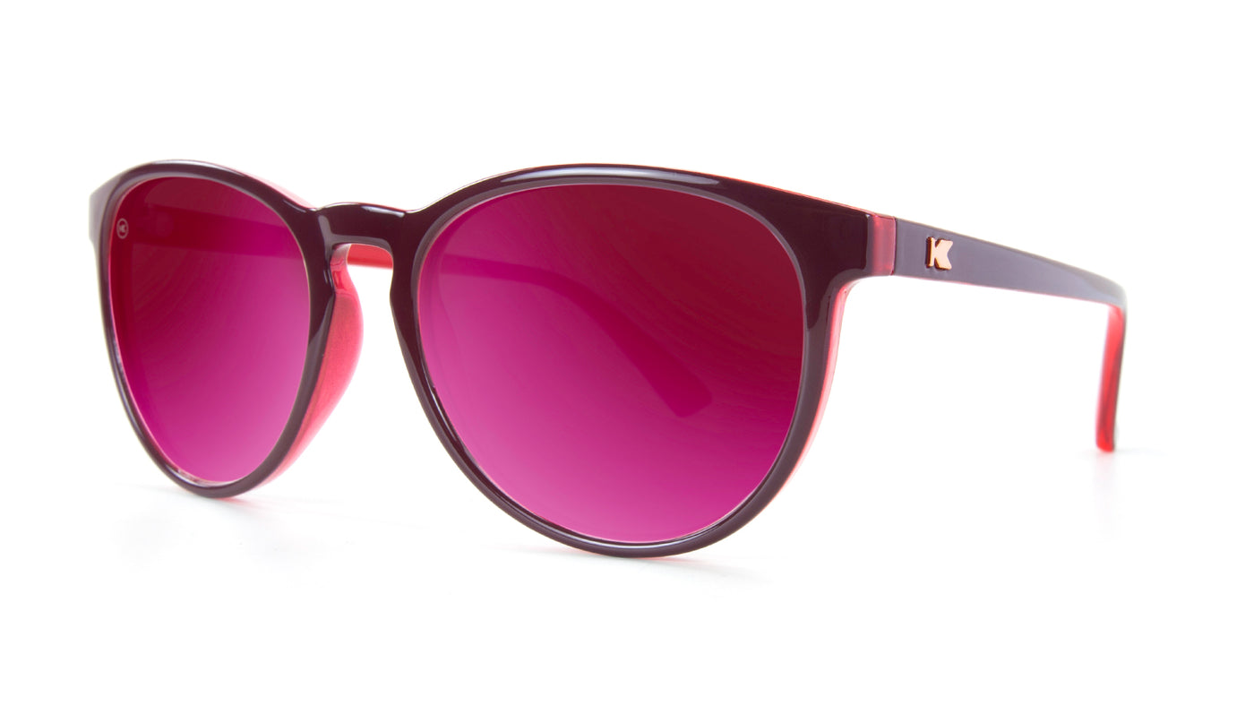 Sunglasses with Burgundy Watermelon Geode Frames and Polarized Fuchsia Lenses, Threequarter