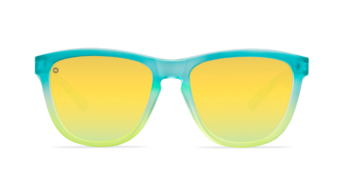 Sunglasses with aqua and yellow frames and polarized yellow lenses, front