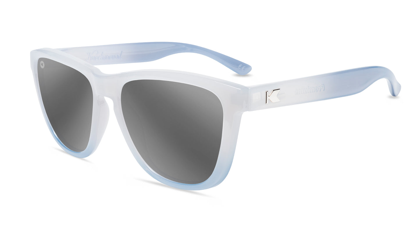 Sunglasses with Glossy Grey and Blue Frames and Polarized Silver Smoke Lenses, Flyover