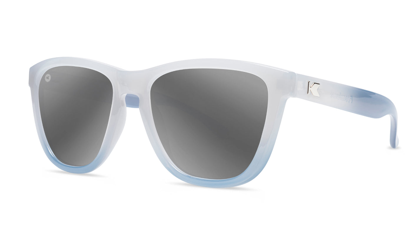 Sunglasses with Glossy Grey and Blue Frames and Polarized Silver Smoke Lenses, Threequarter