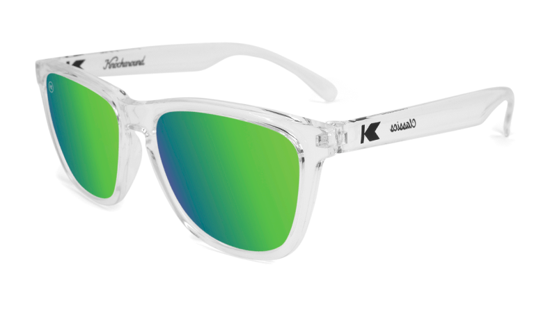 Glossy clear sunglasses with green mirrored lenses