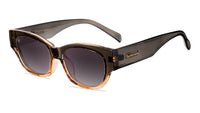 Sunglasses with a glossy muted-gray-to-peach frame and polarized smoke gradient lenses, Flyover