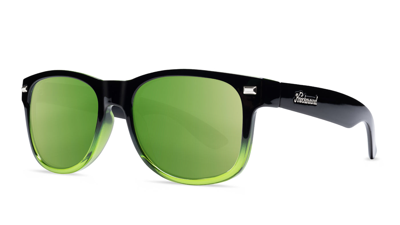 Sunglasses with Glossy Black Frames and Polarized Green Lenses, Threequarter