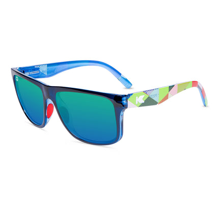 Sunglasses with Cubic Pattern Frames and Polarized Green Lenses, Flyover