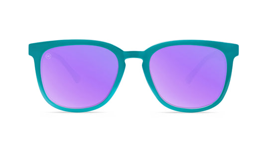 Sunglasses with Teal and Purple Frames and Polarized Lilac Lenses, Front