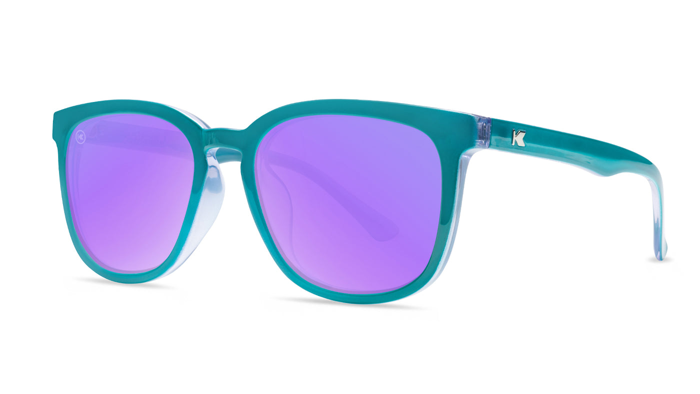 Sunglasses with Teal and Purple Frames and Polarized Lilac Lenses, Threequarter