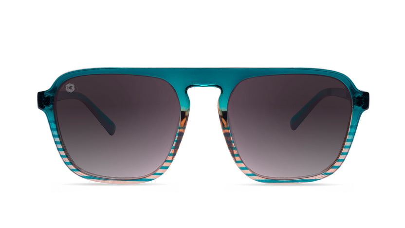 Sunglasses with Turquoise and Coral Frame and Polarized Smoke Gradient Lenses, Front