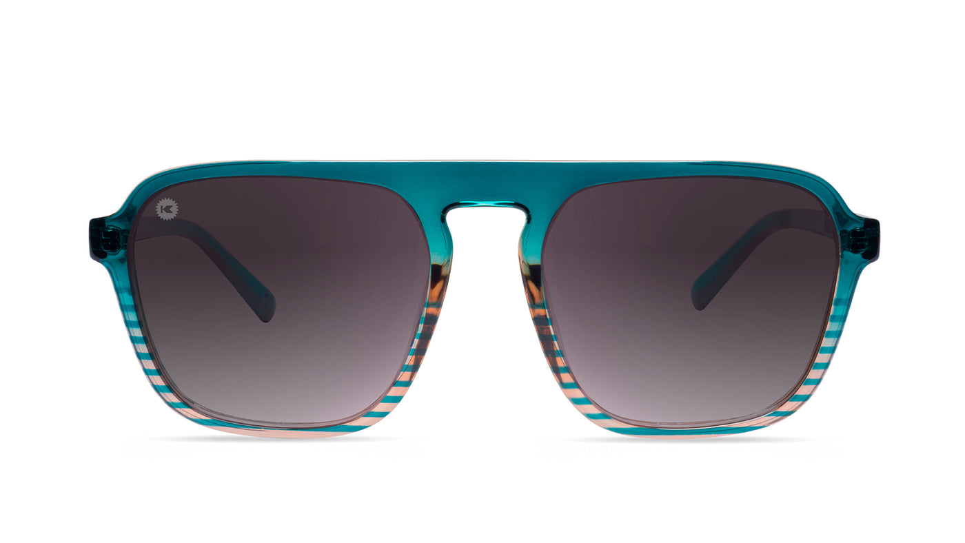 Sunglasses with Turquoise and Coral Frame and Polarized Smoke Gradient Lenses, Front