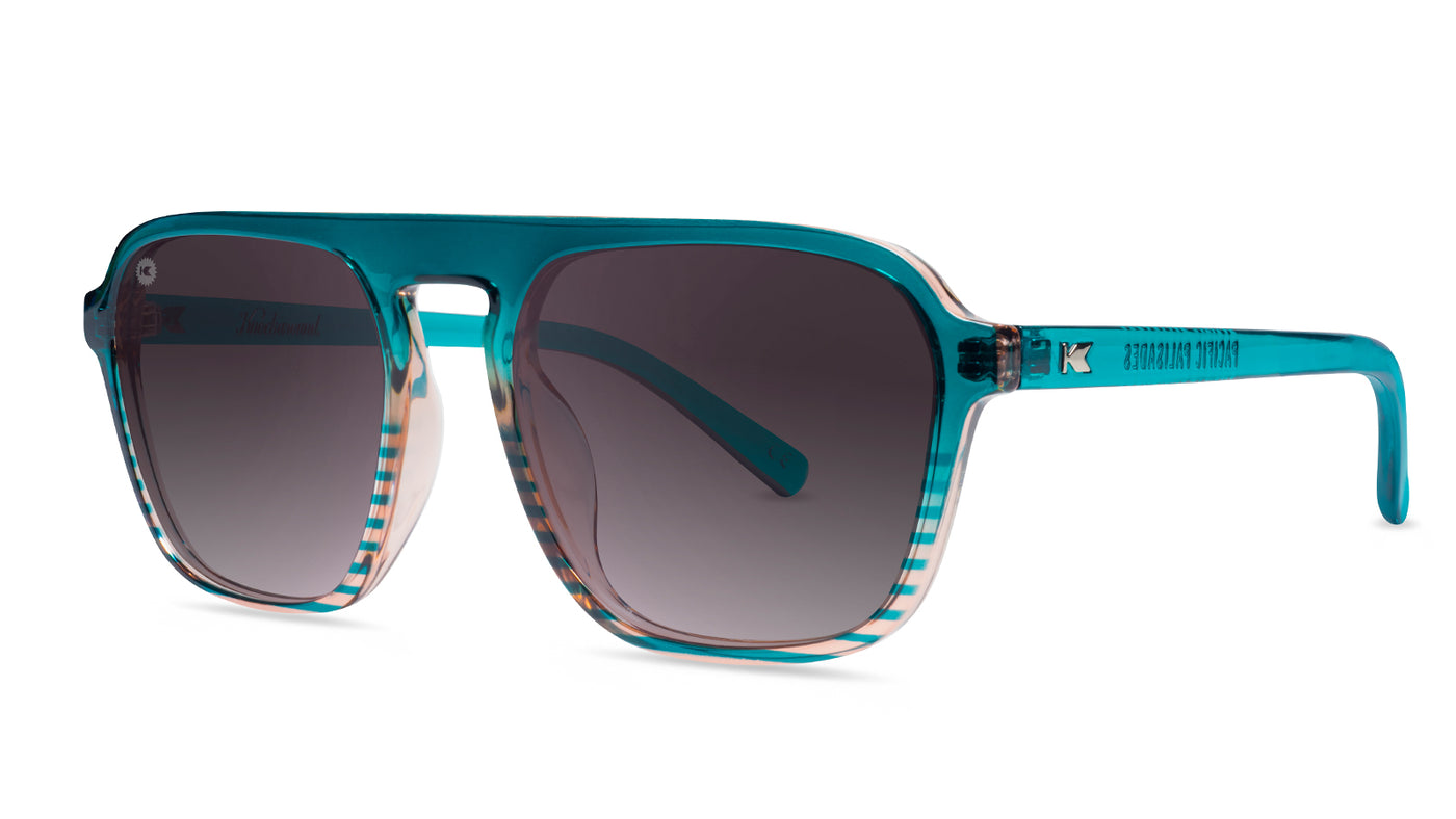 Sunglasses with Turquoise and Coral Frame and Polarized Smoke Gradient Lenses, Threequarter