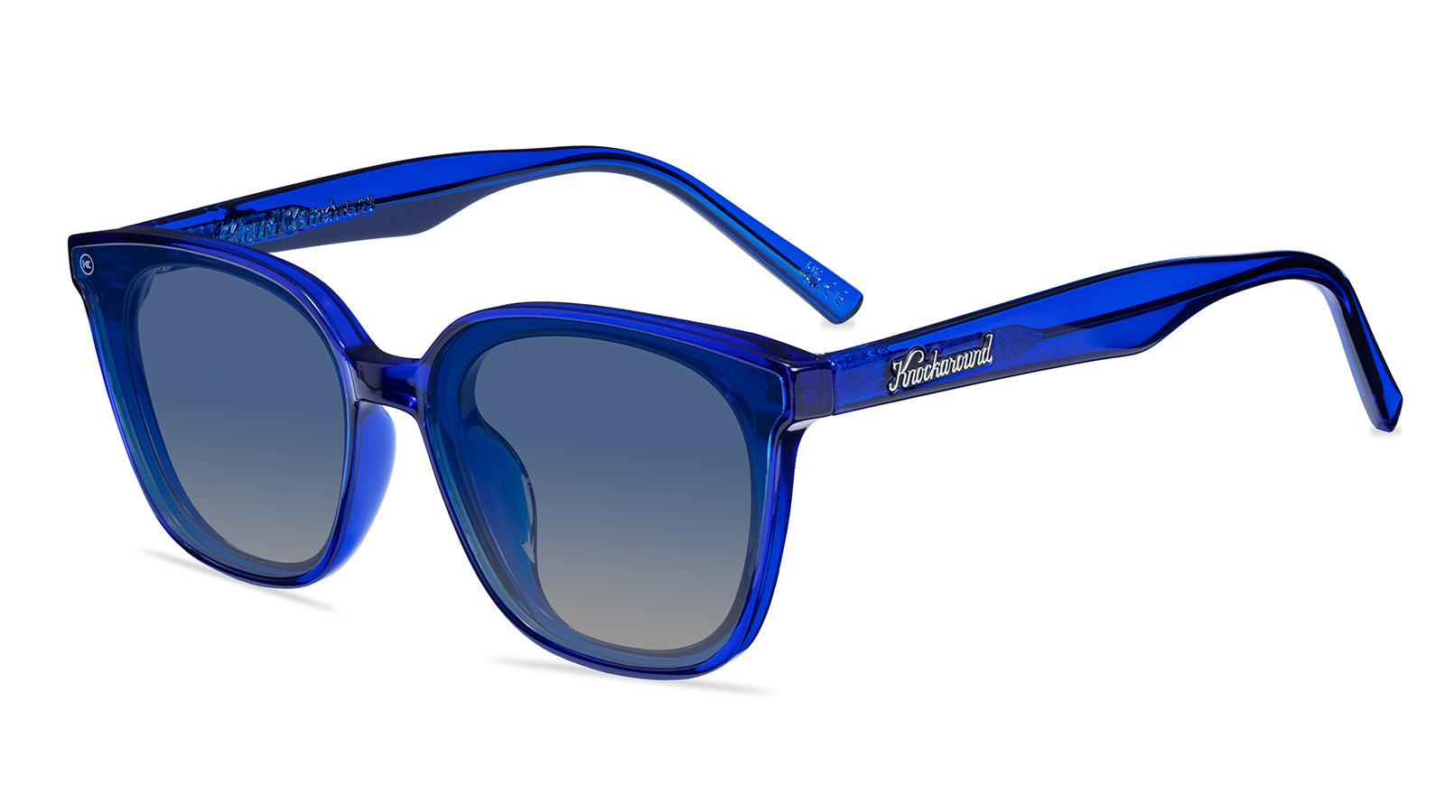 Sunglasses with a blue frame with polarized blue lenses, flyover