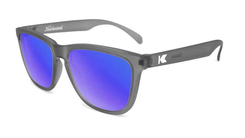 frosted grey sunglasses with blue lenses