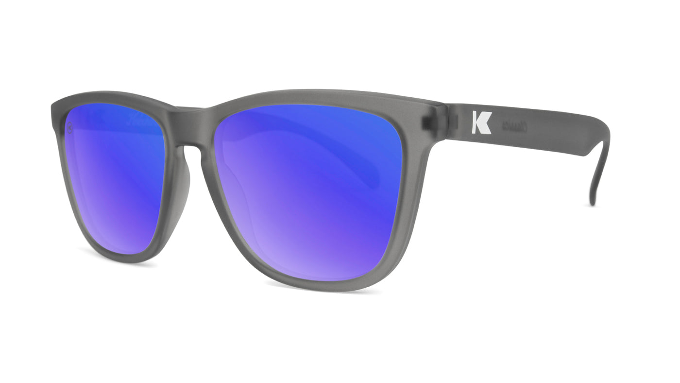 Sunglasses with Frosted Grey Frame and Polarized Blue Moonshine Lenses, Threequarter