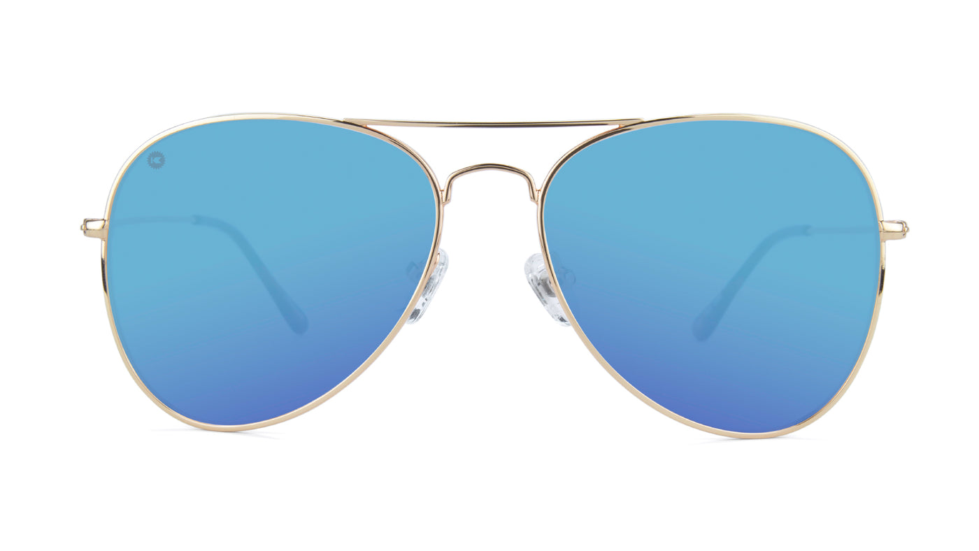 Sunglasses with Gold Metal Frame and Polarized Aqua Lenses, Front