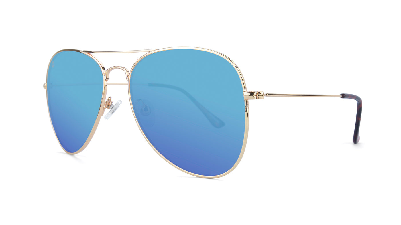 Sunglasses with Gold Metal Frame and Polarized Aqua Lenses, Threequarter