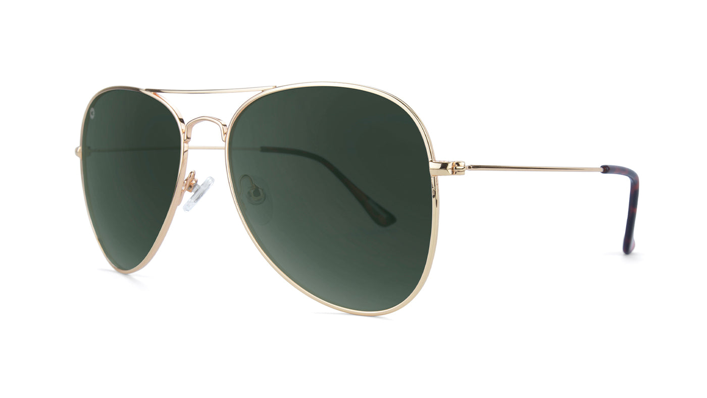 Sunglasses with Gold Metal Frame and Polarized Aviator Green Lenses, Threequarter
