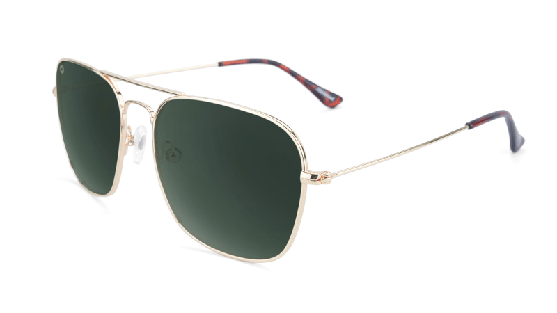 Gold Aviators with square green lenses