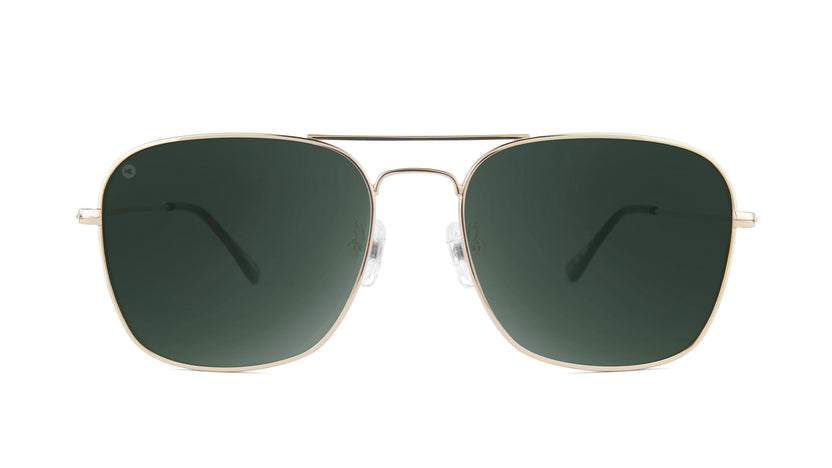 Sunglasses with Gold Metal Frame and Polarized Aviator Green Lenses, Front