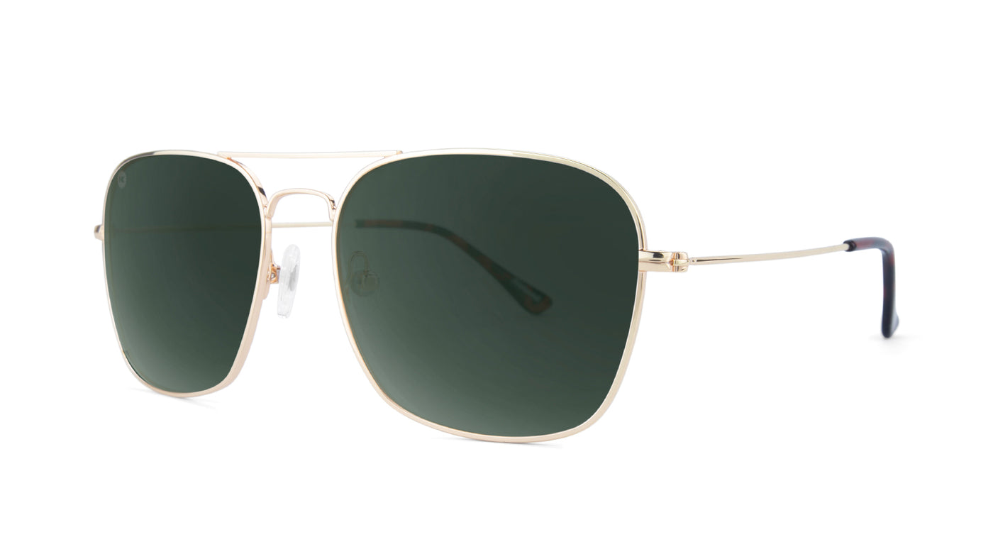 Sunglasses with Gold Metal Frame and Polarized Aviator Green Lenses, Threequarter