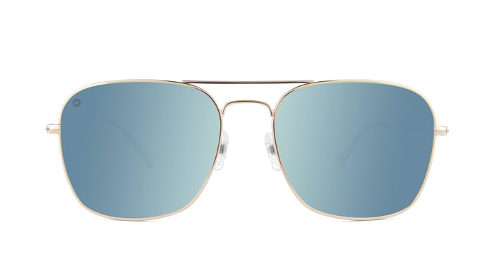 Sunglasses with Gold Metal Frame and Polarized Sky Blue Lenses, Front