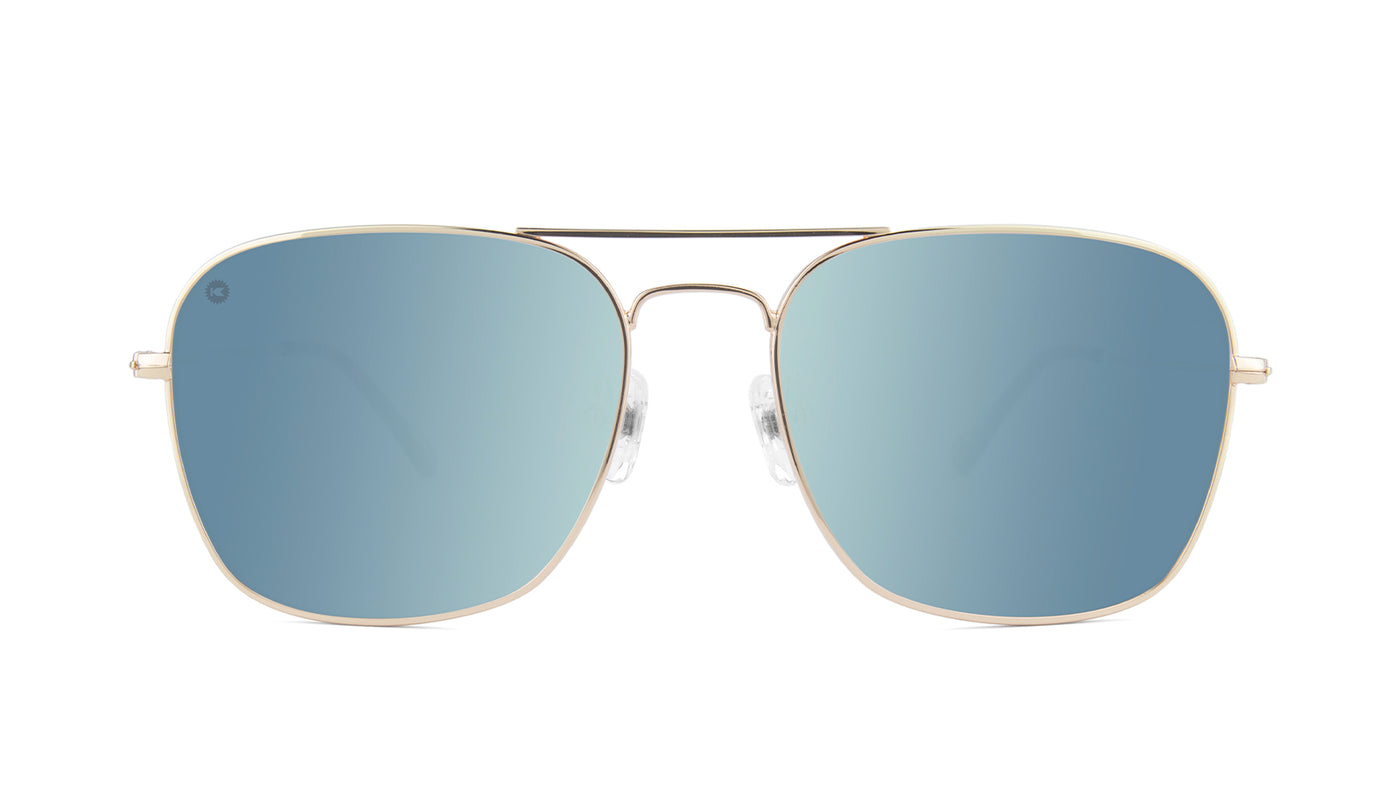 Sunglasses with Gold Metal Frame and Polarized Sky Blue Lenses, Front