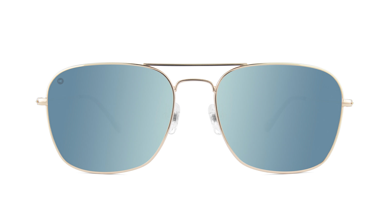 Sunglasses with Gold Metal Frame and Polarized Sky Blue Lenses, Front