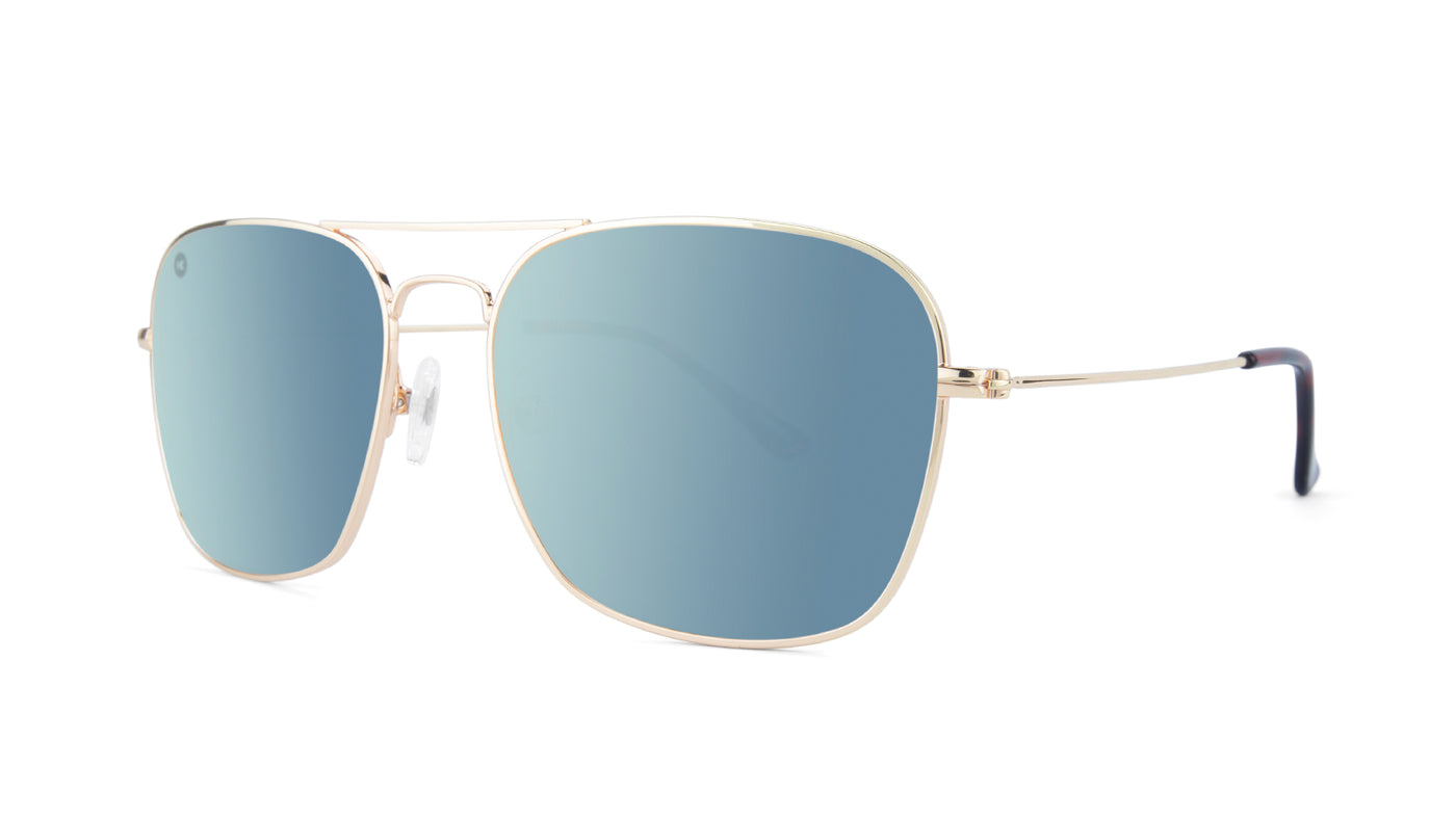 Sunglasses with Gold Metal Frame and Polarized Sky Blue Lenses, Threequarter