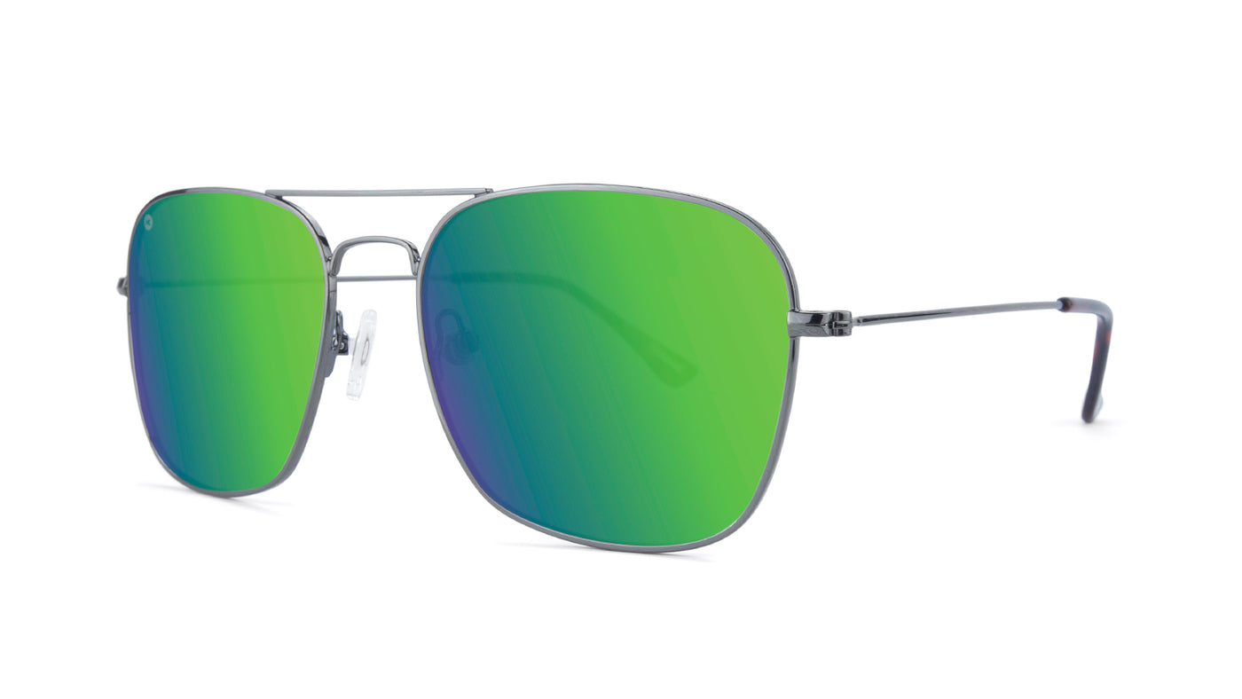 Sunglasses with Gunmetal Metal Frame and Polarized Green Moonshine Lenses, Threequarter