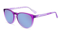Sunglasses with purple front and palm tree arms, flyover