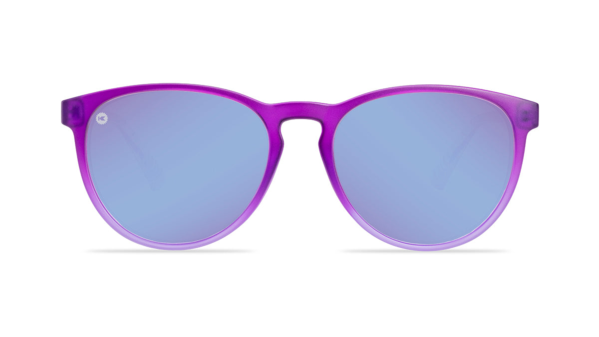 Sunglasses with purple front and palm tree arms, front