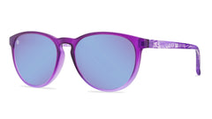 Sunglasses with purple front and palm tree arms, threequarter